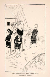 1905 Wood Engraving Two Parisiennes Resident Swimsuits Beach House Cliff XGDA1