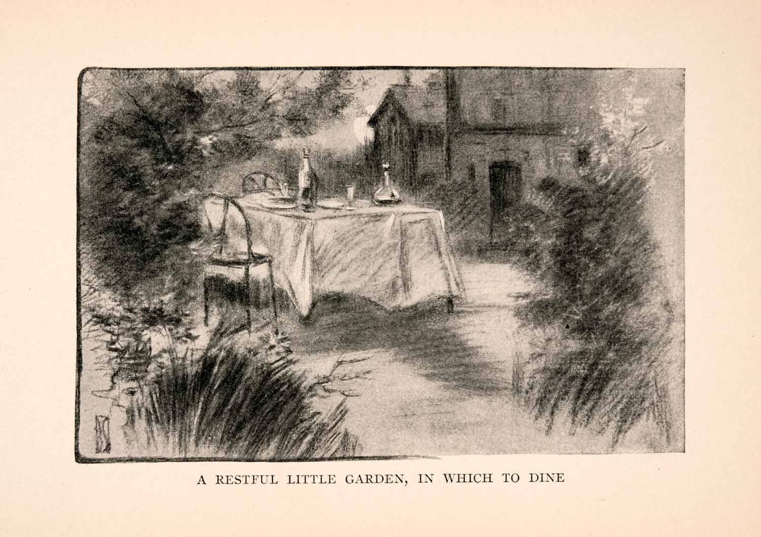 1905 Print Restful Little Garden Dine Table Wine Chairs Vegetation Flowers XGDA1