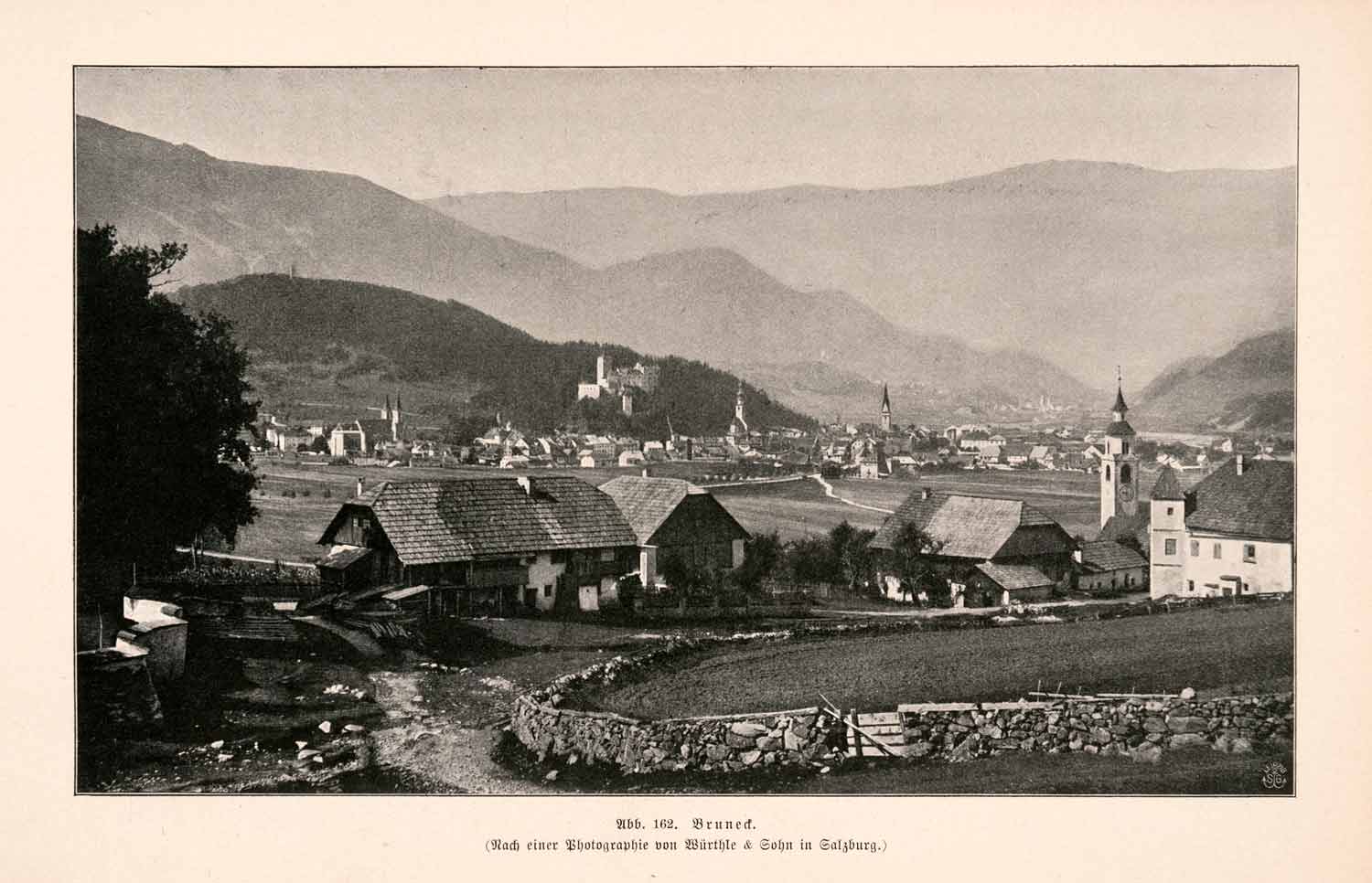 1899 Print Bruneck Tyrol Italy Church Assumption St Mary Alps Town XGDA3