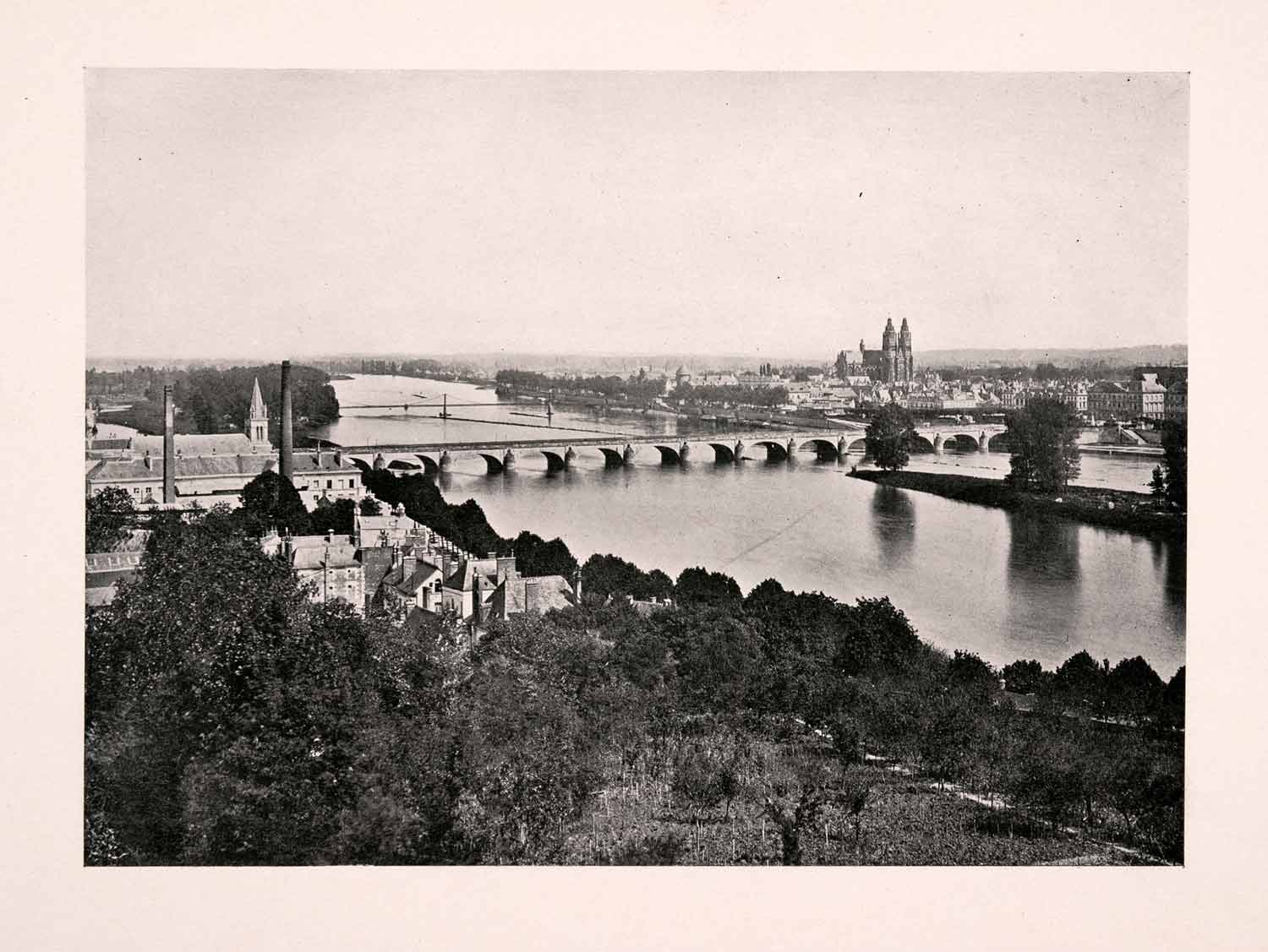 1906 Print Tours Cathedral Stone Bridge Loire River France Cityscape XGDA4