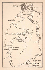 1925 Wood Engraving Tierra Bomba Island Cartagena Boca San Lazar Map XGDA7