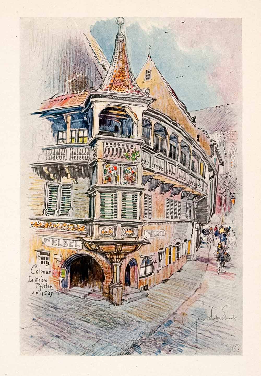 1918 Print George Wharton Edwards Colmar Alsace Maison Pfister Wooden XGDA8