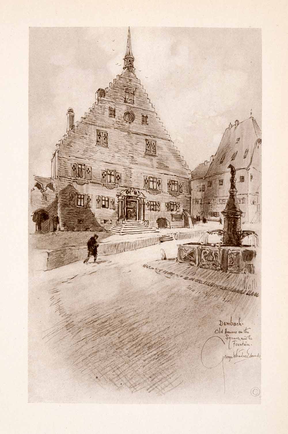 1918 Print George Wharton Edwards Alsace Fountain Square Dambach Hotel XGDA8