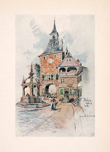 1918 Print George Wharton Edwards Rosheim Hotel Ville Alsace Porte Horloge XGDA8