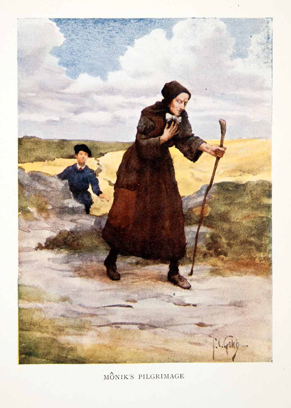 1906 Color Print Thomas Gotch France Monik Pilgrimage Stick Child Road XGDB3