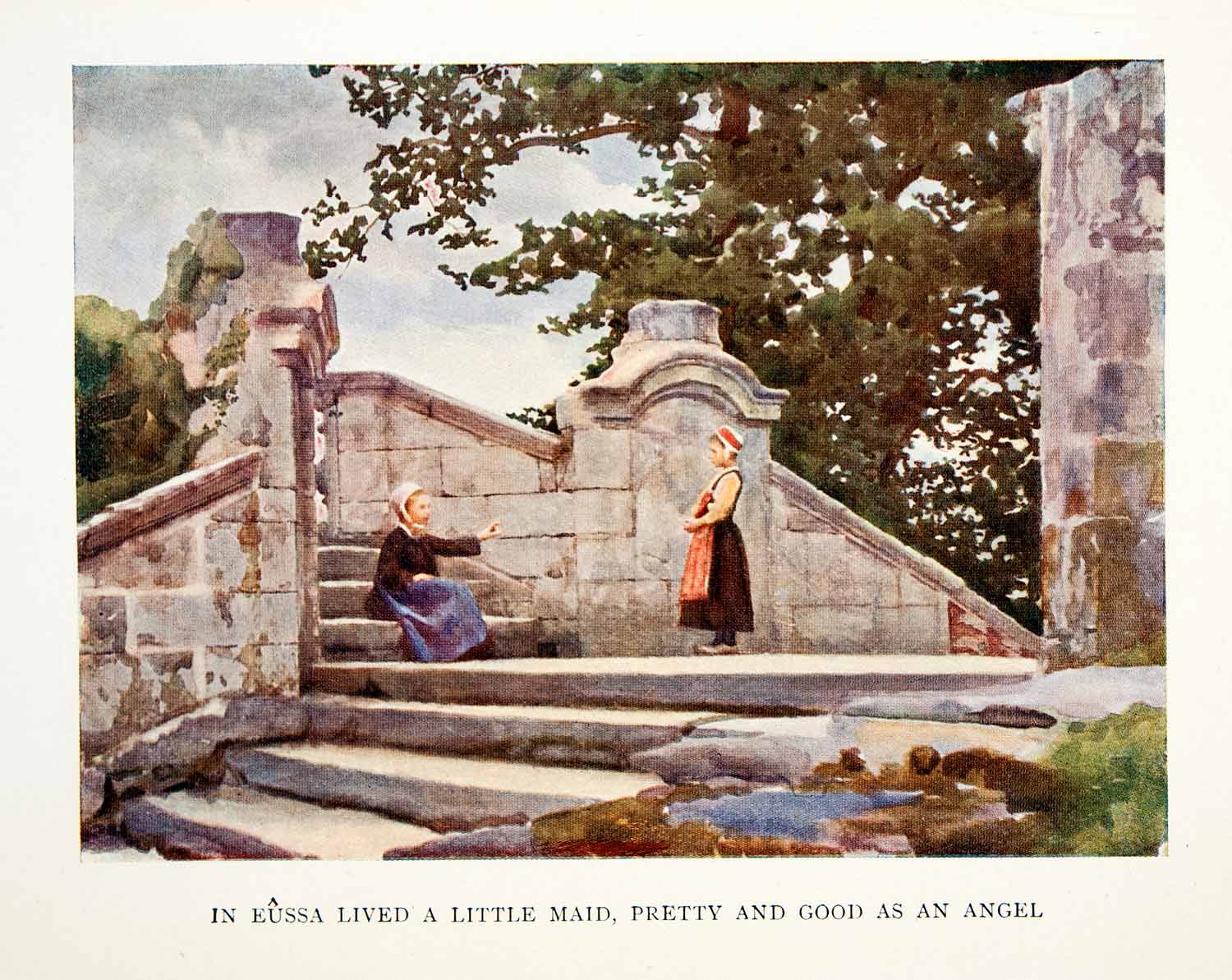 1906 Color Print Thomas Gotch Eussa Maid France Angel Stairs Park Girl XGDB3