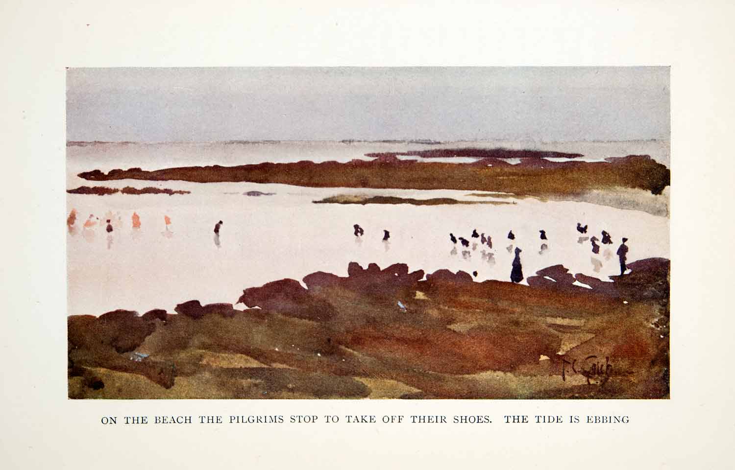 1906 Color Print Thomas Gotch Pilgrims Beach Shore Tide Lake Ocean Swim XGDB3