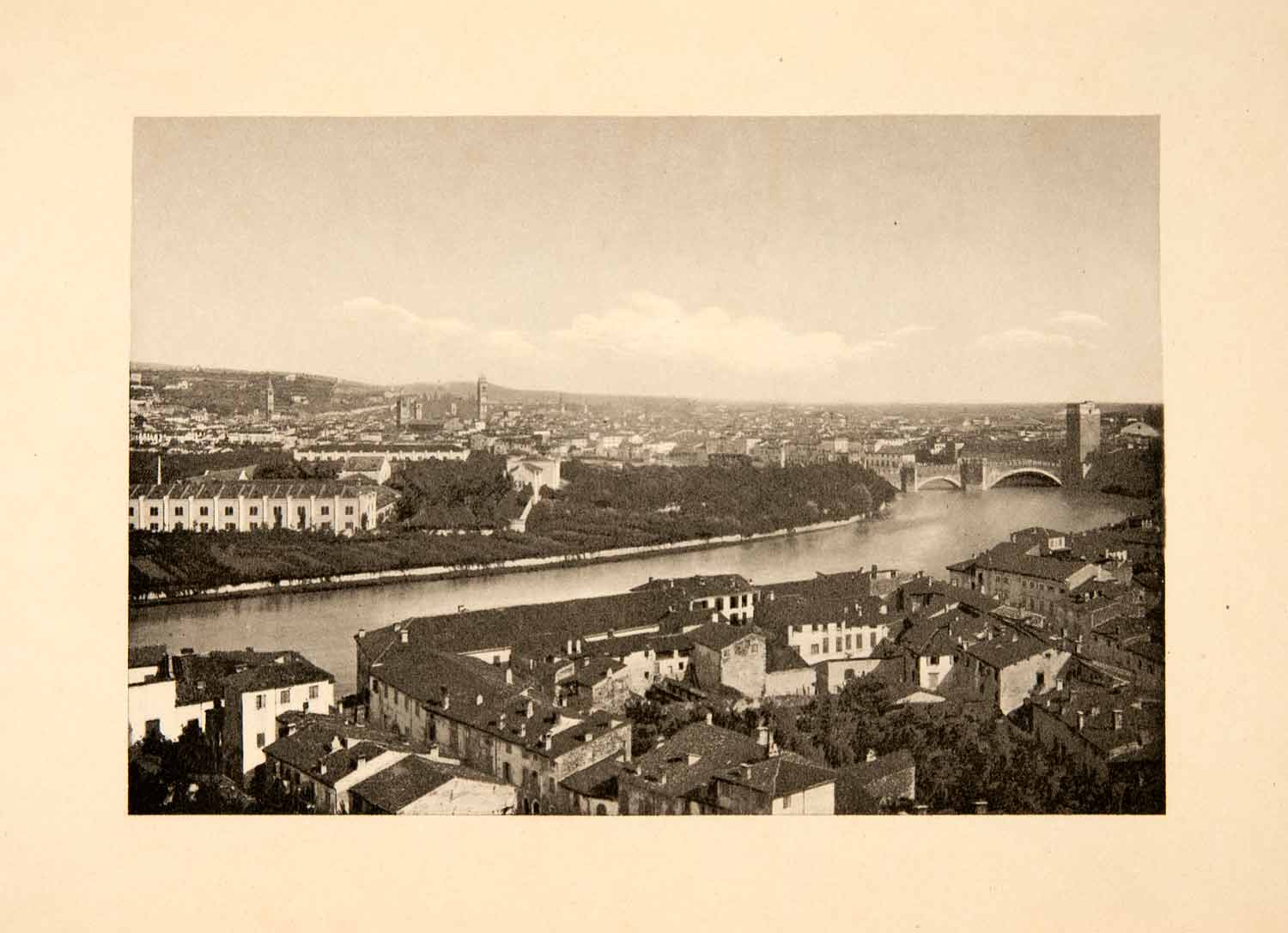 1902 Photogravure Verona Italy Adige River Stone Bridge Veneto Ponte XGDB6
