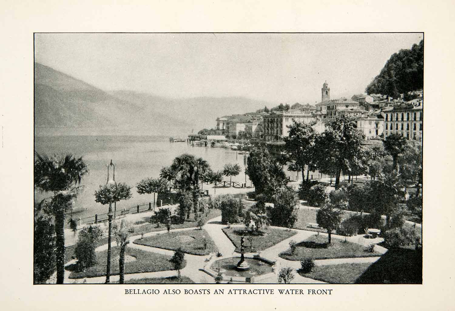 1927 Print Bellagio Italy Lake Como Lario Fountain Plazza Park Square XGDB9