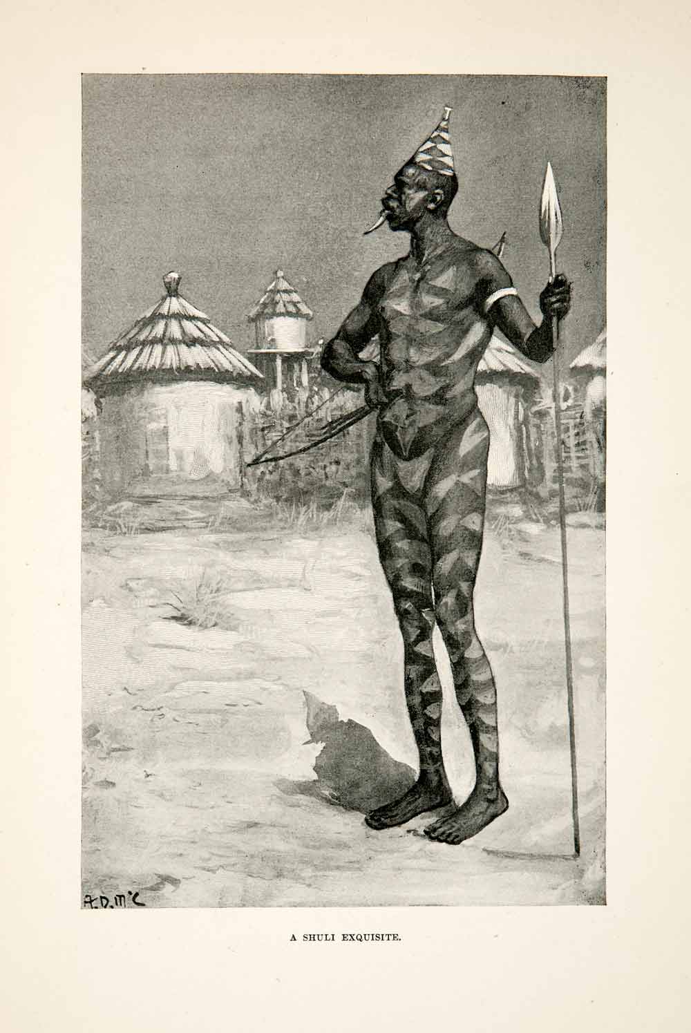 1900 Print Shuli Man Spear Painted Hut Bow Africa East Southern Acholi XGDC7