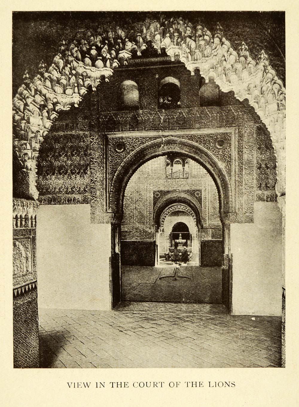 1907 Print View Court Lions Alhambra Granada Spain Architecture HIstorical XGE3