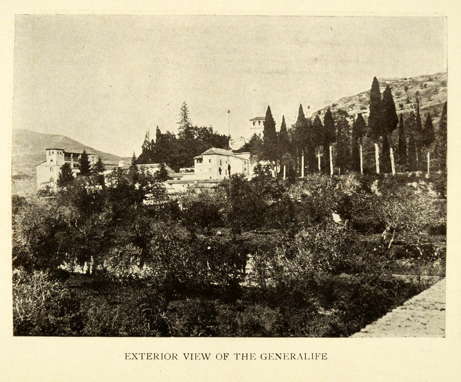 1907 Print Exterior View Generalife Granada Spain Cypress Trees Mountains XGE3