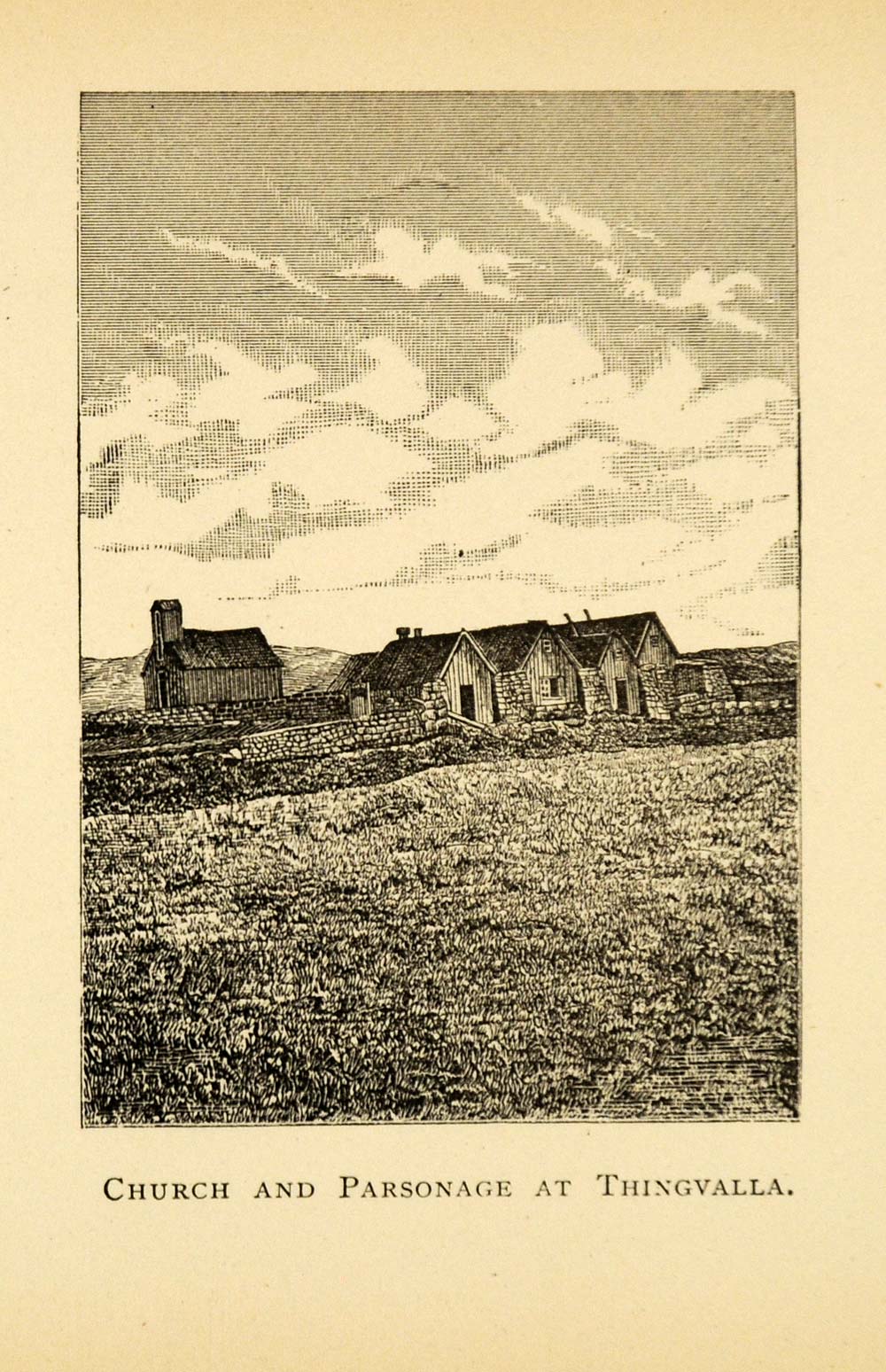 1876 Wood Engraving Church Parsonage Thingvalla Iceland Landscape Religion XGE5