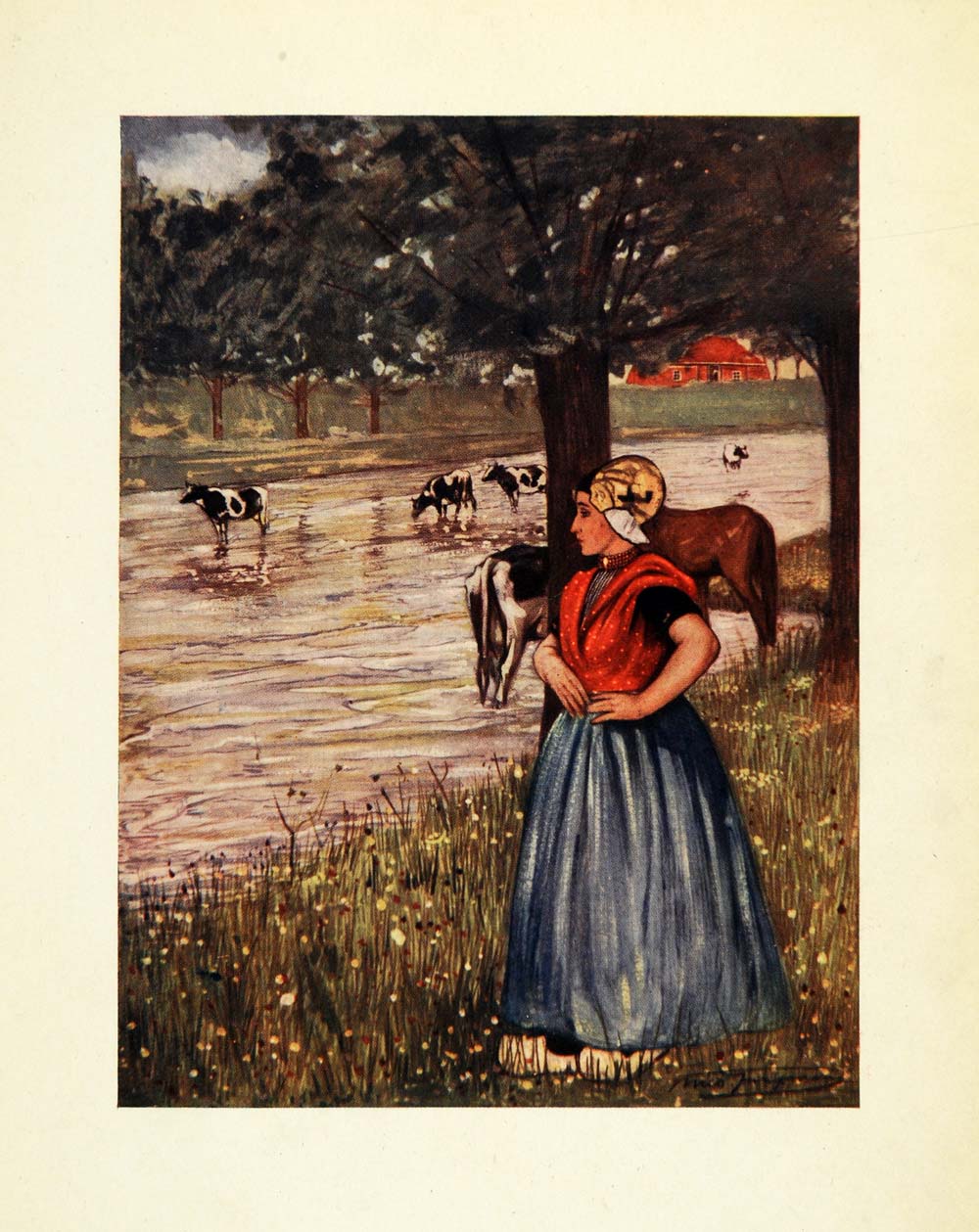 1904 Print Nico Jungmann Art Goes Holland Peasant Girl Cattle Stream XGE7