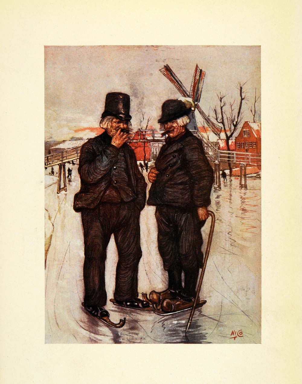 1904 Print Nico Jungmann Art Old Men Holland Ice Skating Windmill Winter XGE7