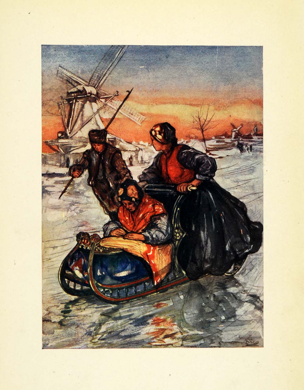 1904 Print Nico Jungmann Art Holland Ice Skating Sleigh Sports Race XGE7