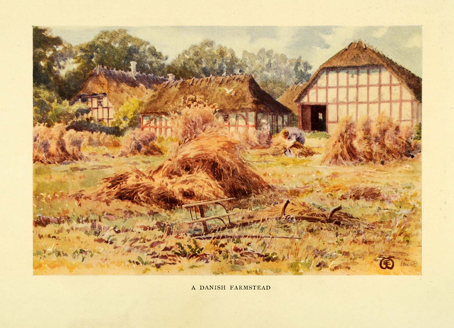 1909 Print Danish Farmstead Denmark Ellen Wilkinson Barn Haystack Plough XGE9