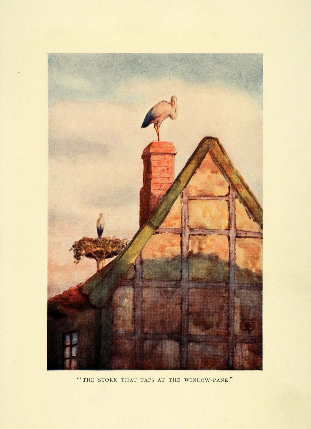 1909 Print White Stork Nest Chimney Denmark Gable Ellen Wilkinson Babies XGE9