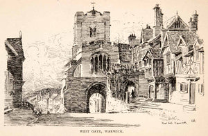 1925 Wood Engraving West Gate Warwick England Architecture Art Walled City XGEA4