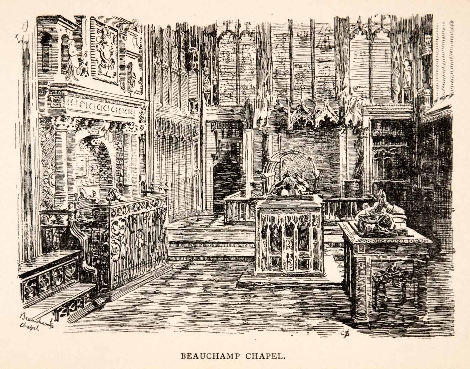 1925 Wood Engraving Beauchamp Chapel Warwick England Decor Our Lady Norman XGEA4