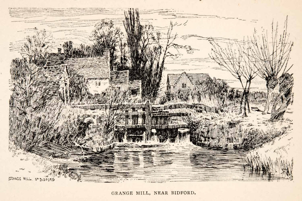 1925 Wood Engraving Grange Mill Bidford England River Bridge Charles XGEA4 - Period Paper
