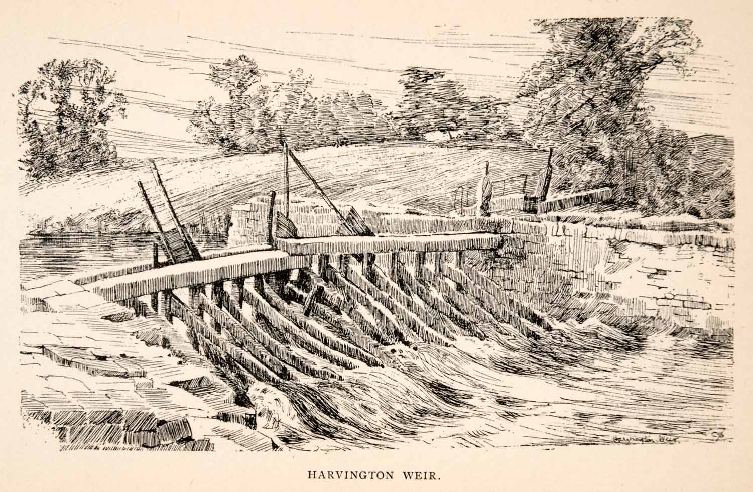 1925 Wood Engraving Harvington Weir England River Art River Avon Fishery XGEA4