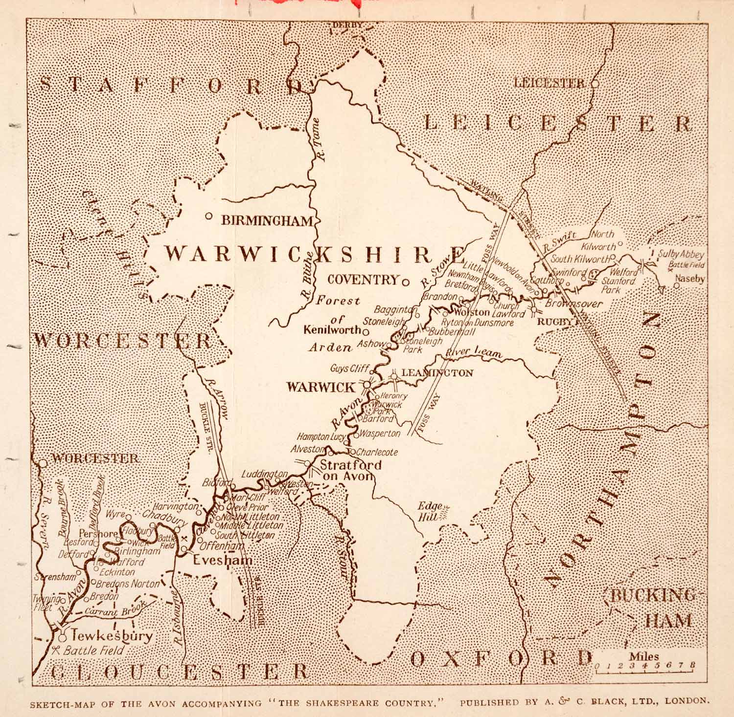 1925 Wood Engraving England Map Shire Stratford Avon Warwick Tewkesbury XGEA4