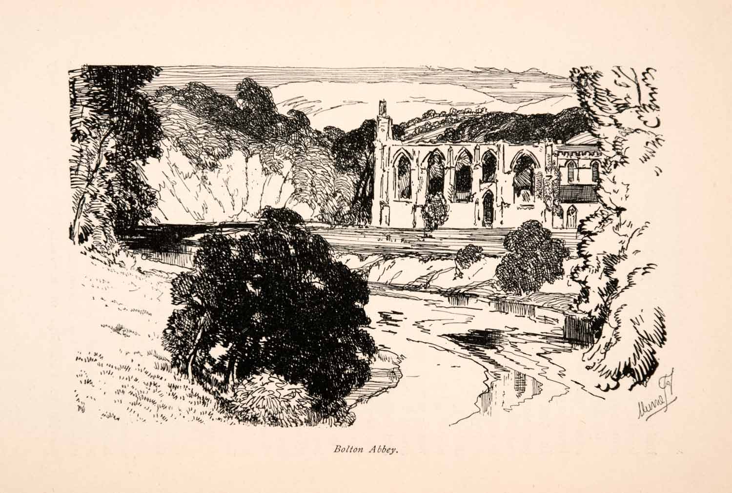1903 Line-block Print Bolton Abbey North Yorkshire England Joseph Pennell XGEA6