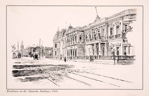 1900 Wood Engraving Cityscape Alameda Santiago Chile South America Street XGEA7