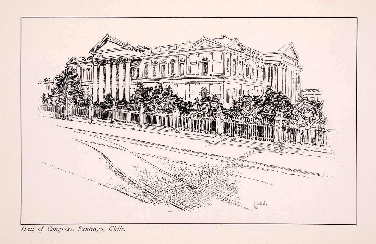 1900 Wood Engraving South America Hall Congress Santiago Chile Government XGEA7