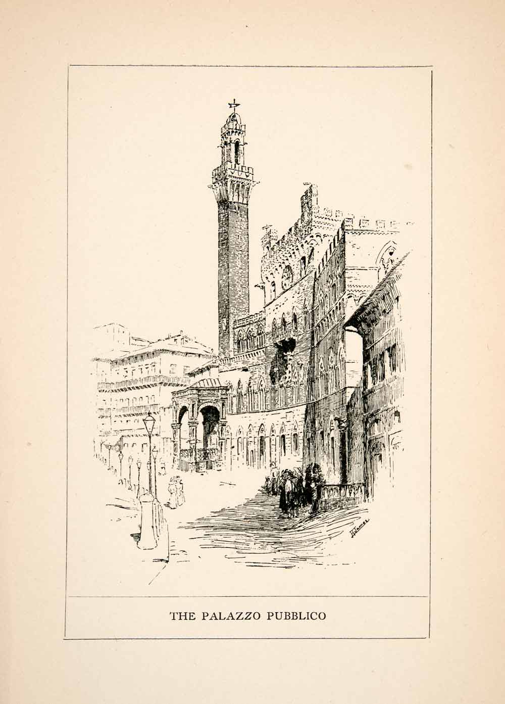 1902 Wood Engraving Palazzo Publico Town Hall Torre Mangia Siena Italy XGEB6
