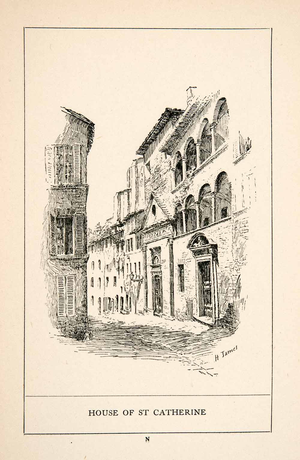 1902 Wood Engraving House Patron St Catherine Siena Italy Historic XGEB6