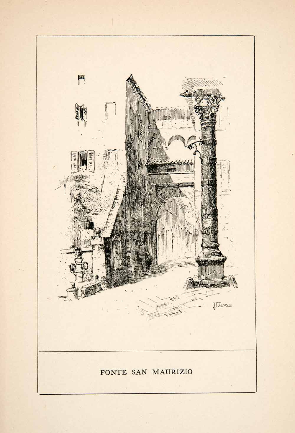 1902 Wood Engraving Fonte San Maurizio Italy Archway Street Architecture XGEB6