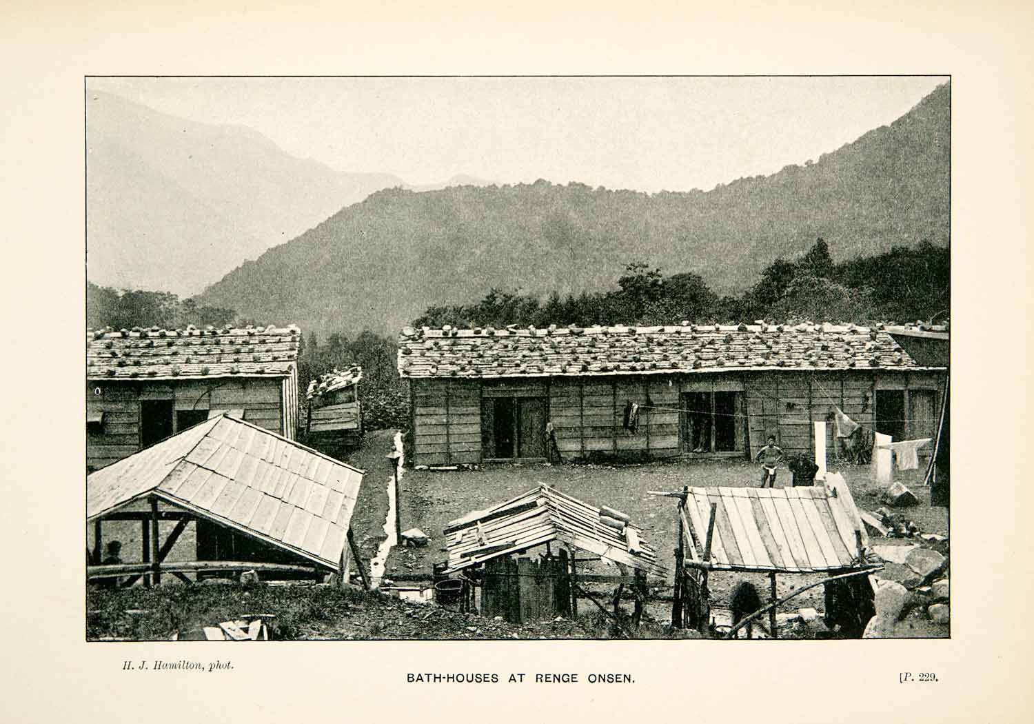 1896 Print Bath Houses Renge Onsen Hot Spring Mount Shirouma Hakuba Nagano XGEB7