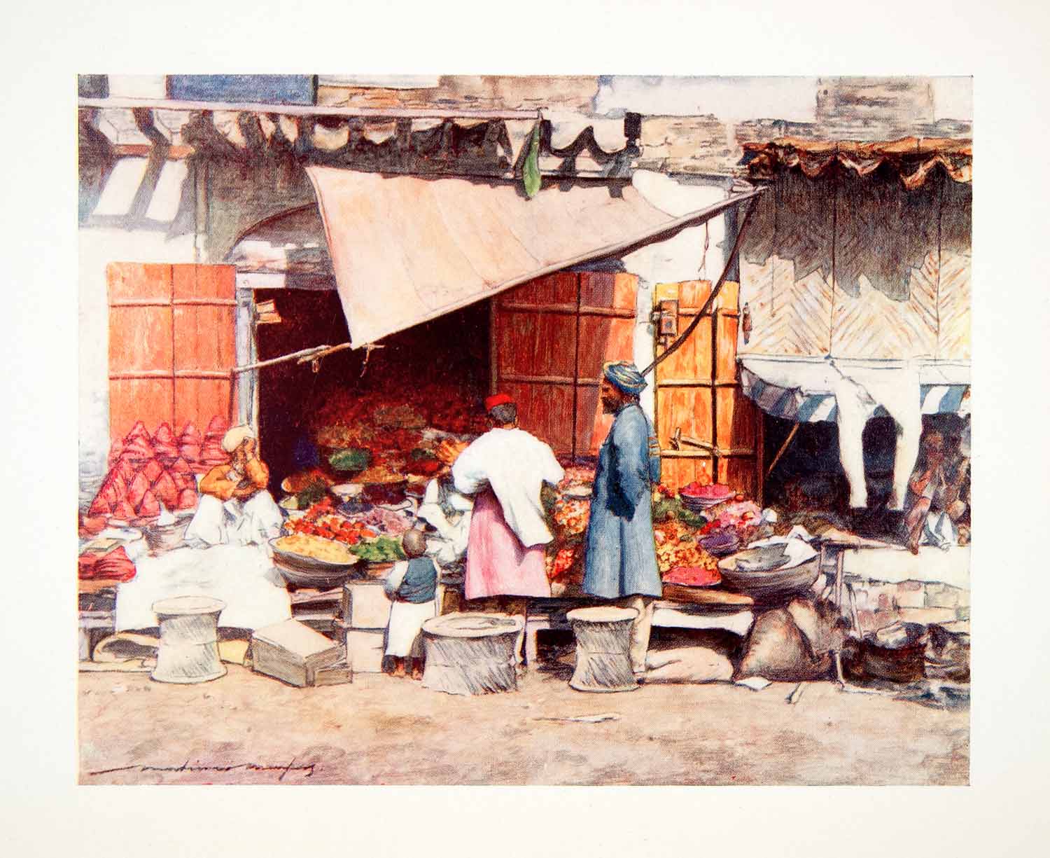 1912 Color Print Fruit Stall India Marketplace Cityscape Indigenous People XGEB8