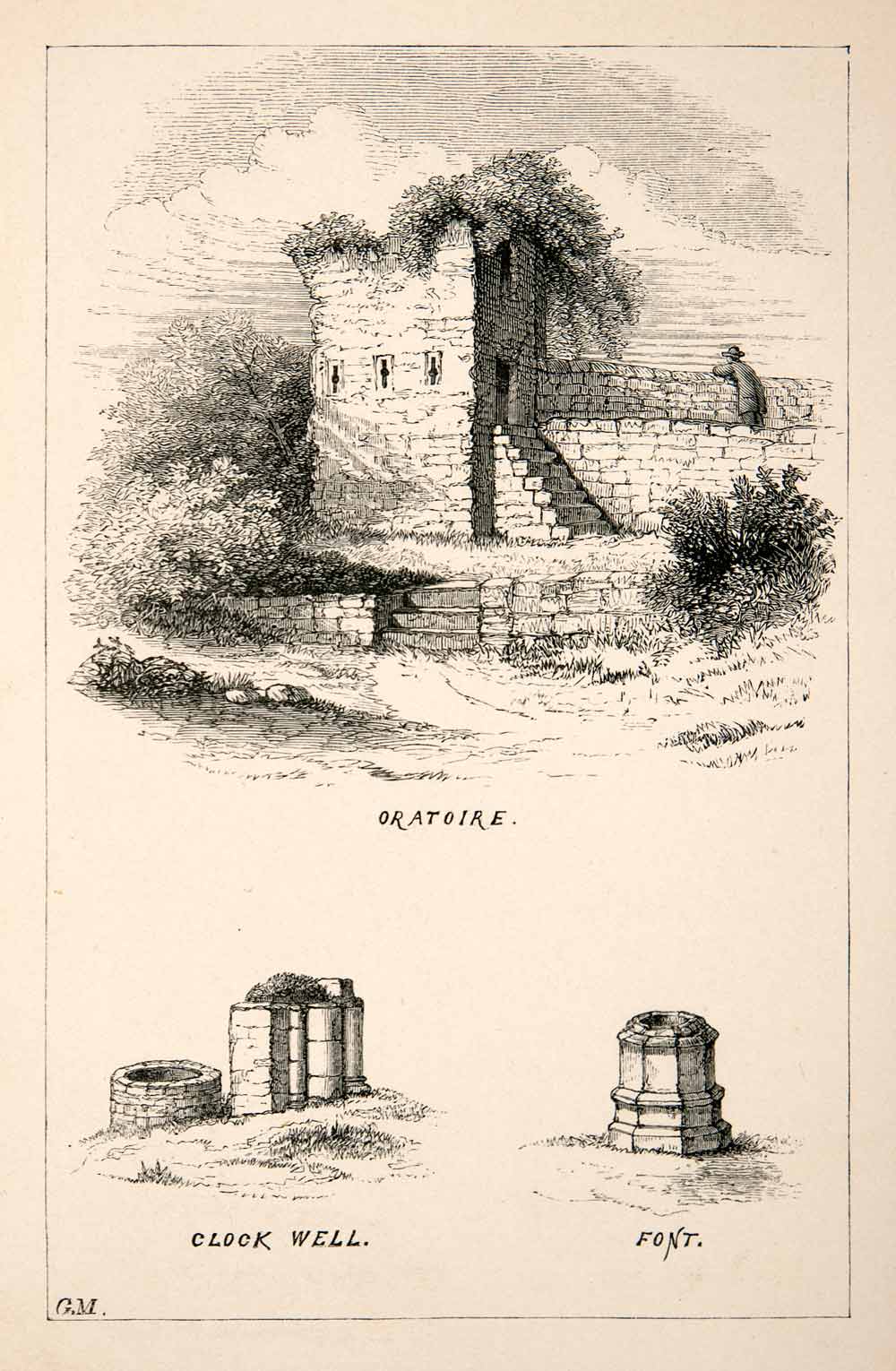 1867 Wood Engraving Oratoire Clock Well Font France Architecture Landscape XGEC3