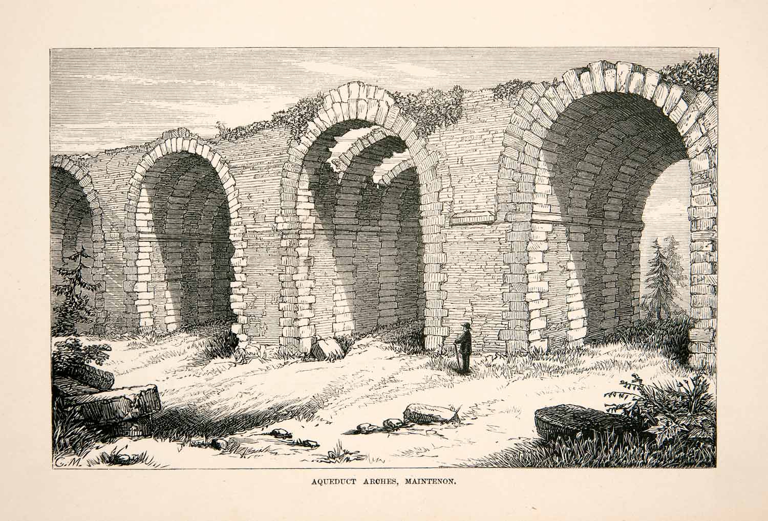 1867 Wood Engraving Arches Water Aqueduct Maintenon France Historic XGEC3