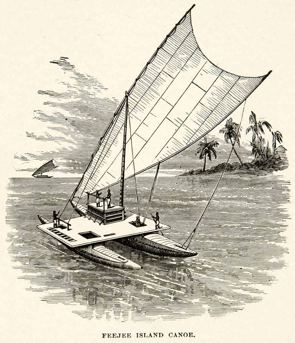 1881 Print Fiji Island Canoe Boat Sail Pontoon Mast Deck Pacific Ocean XGEC6