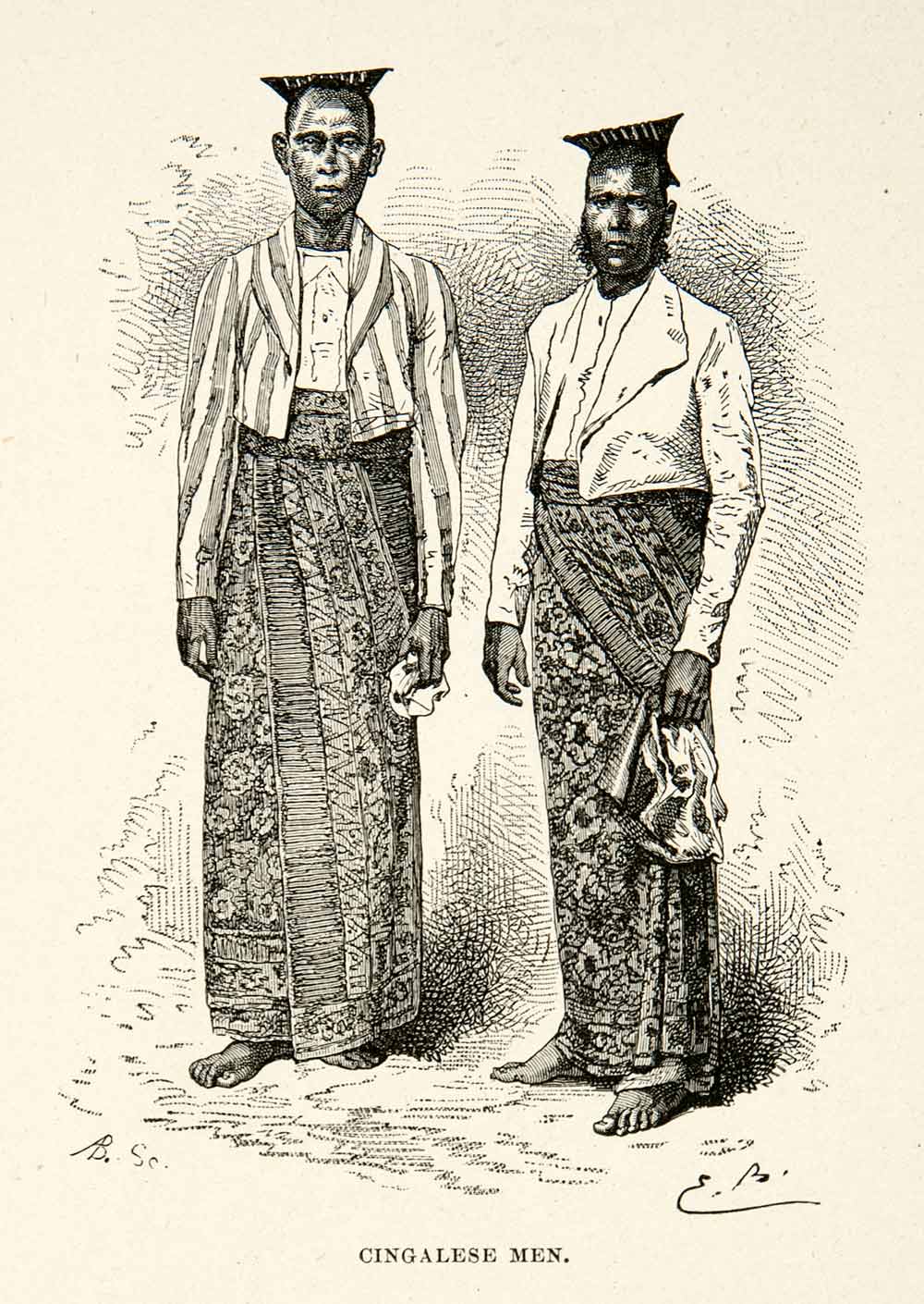 1881 Print Portrait Cingalese Men Sri Lanka Ceylon Costume Fashion Dress XGEC6