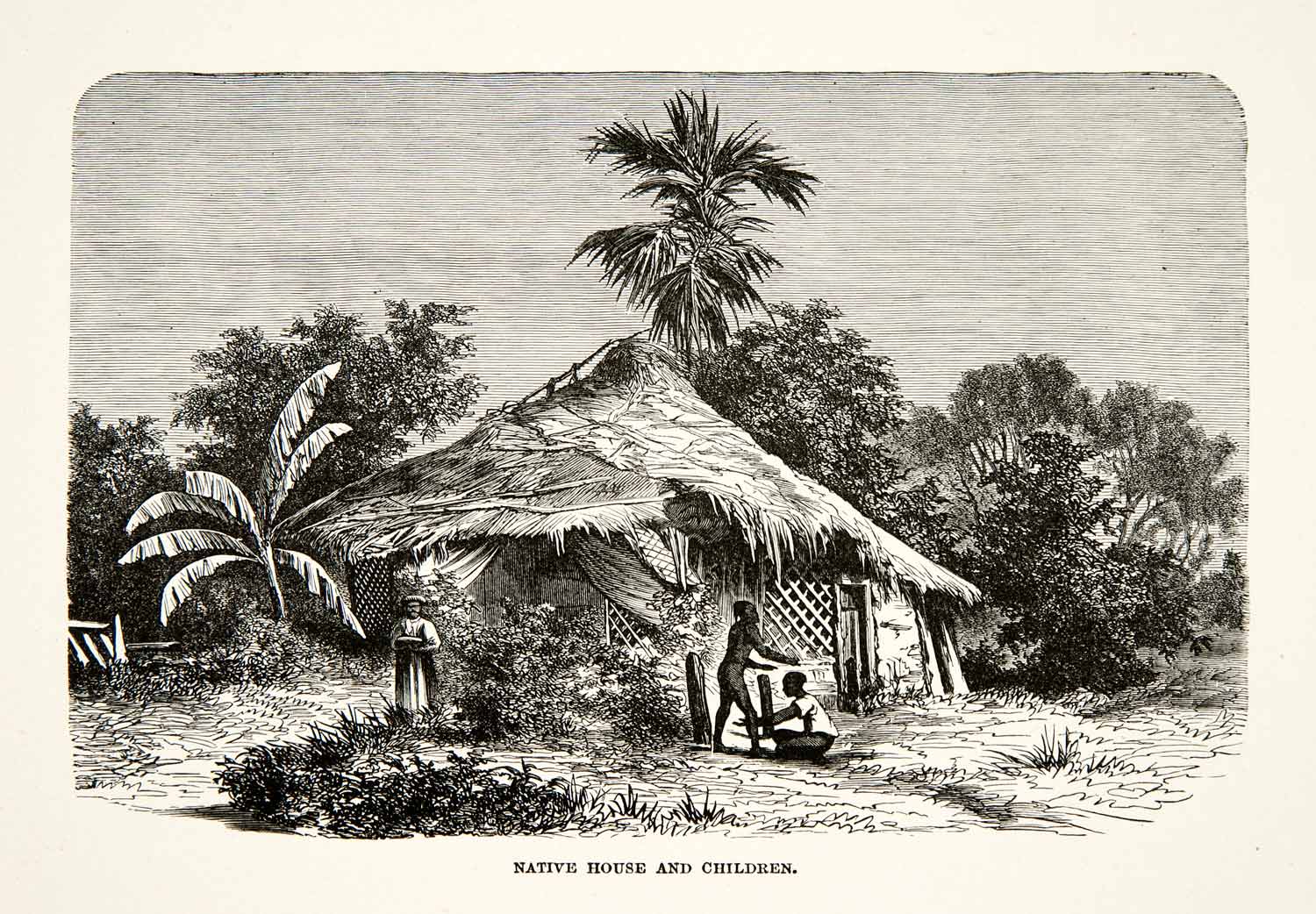 1881 Print Native House Home Hut Children Sri Lanka Ceylon Landscape XGEC6