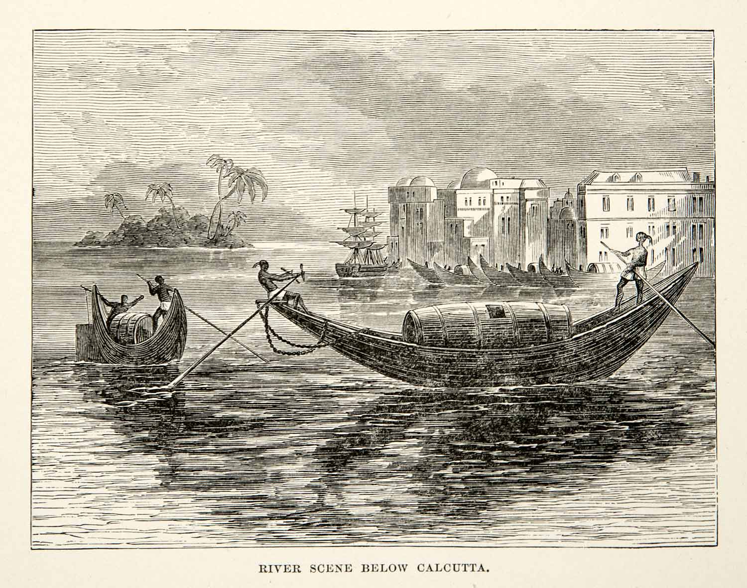 1881 Print Cityscape Boat Scene Hooghly River Kolkata Calcutta India XGEC6