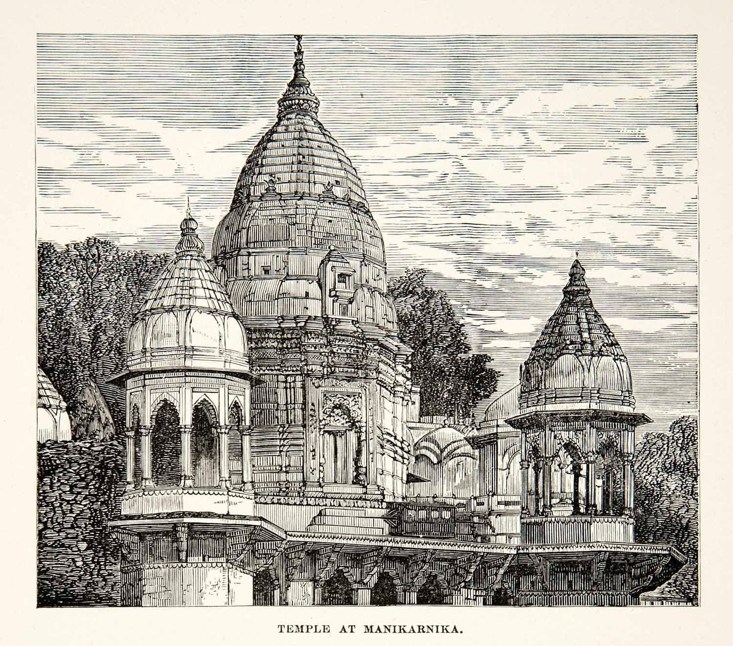1881 Print Manikarnika Ghat Varanasi India Hindu Cremation Religion Ganges XGEC6