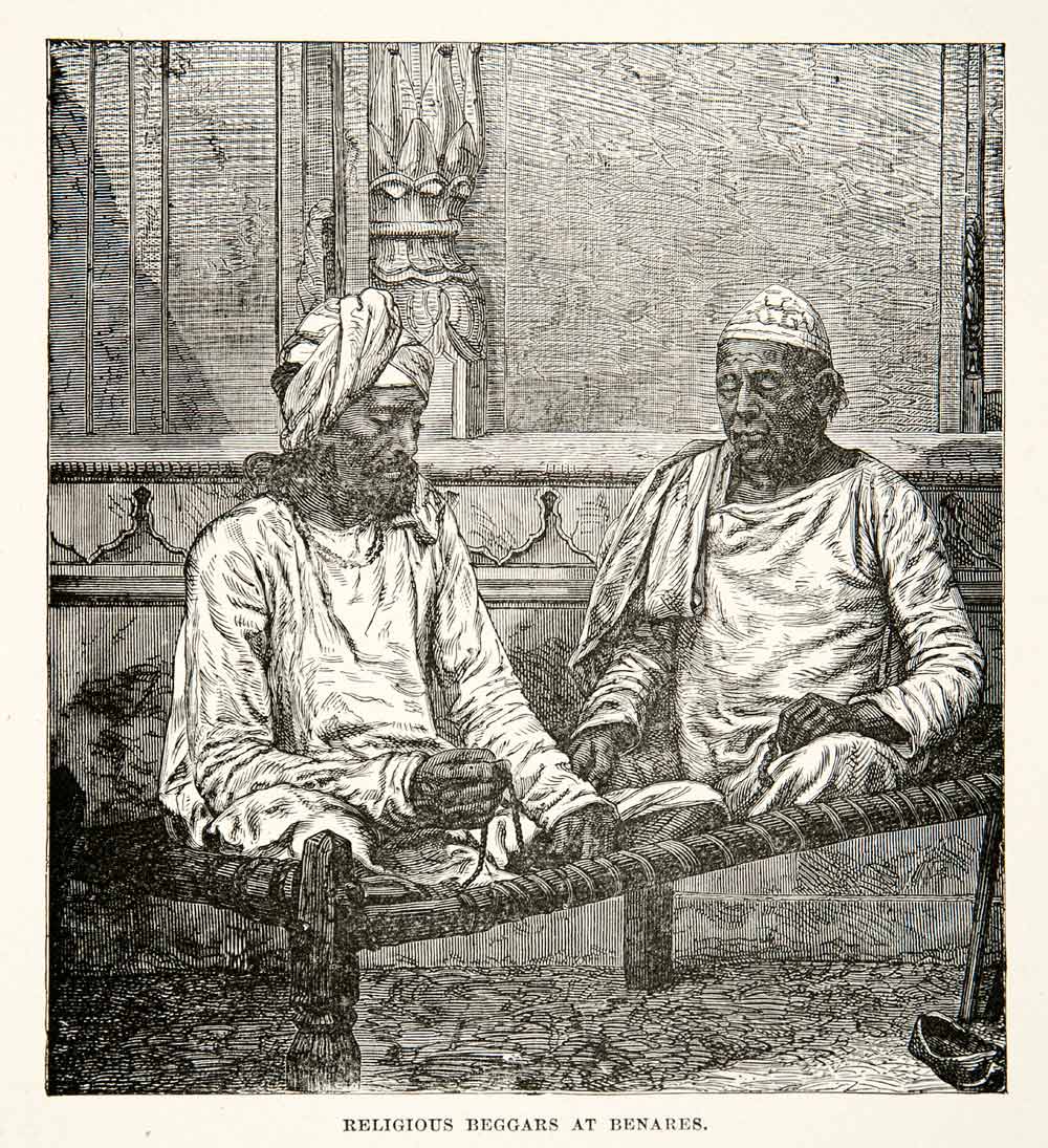 1881 Print Religious Beggars Portrait Benares India Costume Fashion XGEC6