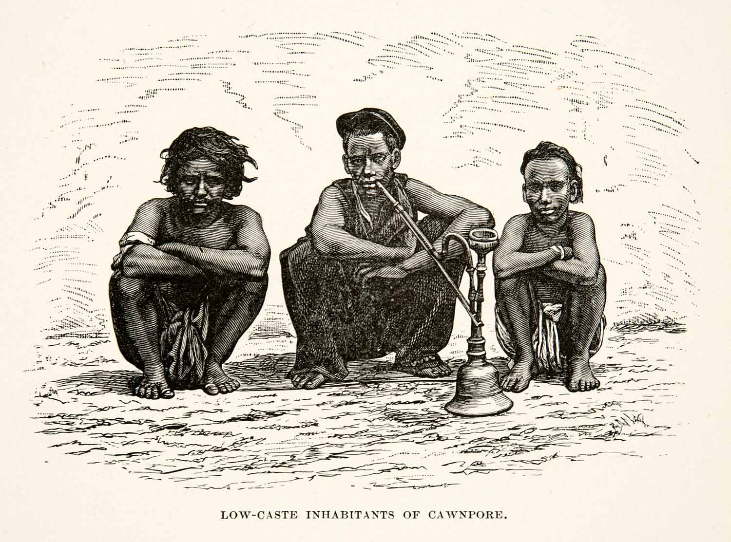 1881 Print Portrait Lower Caste Children Smoke Hookah Water Pipe Cawpore XGEC6