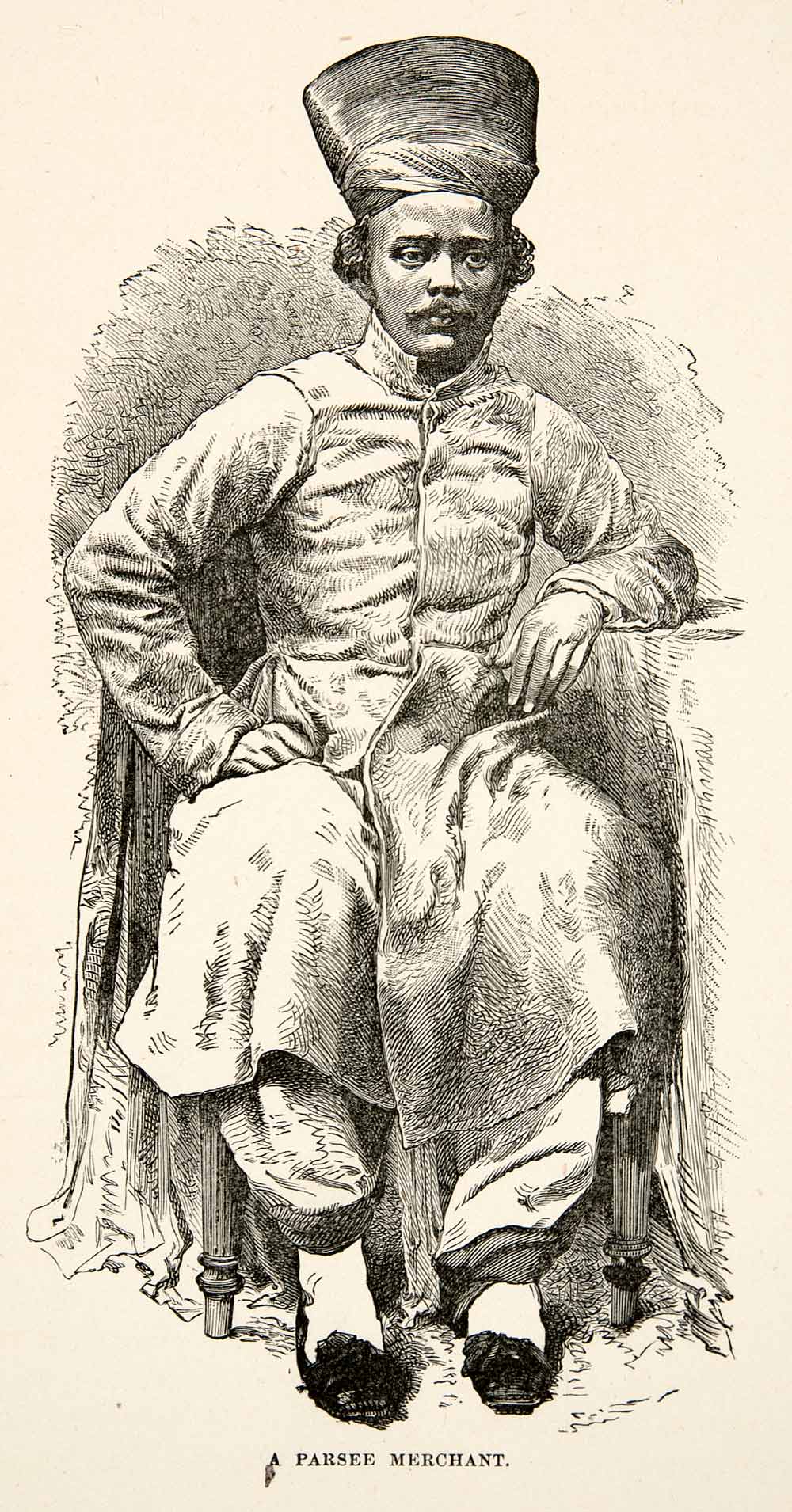 1881 Print Parsi Parsee Merchant South Asia Portrait Man Hat Costume XGEC6
