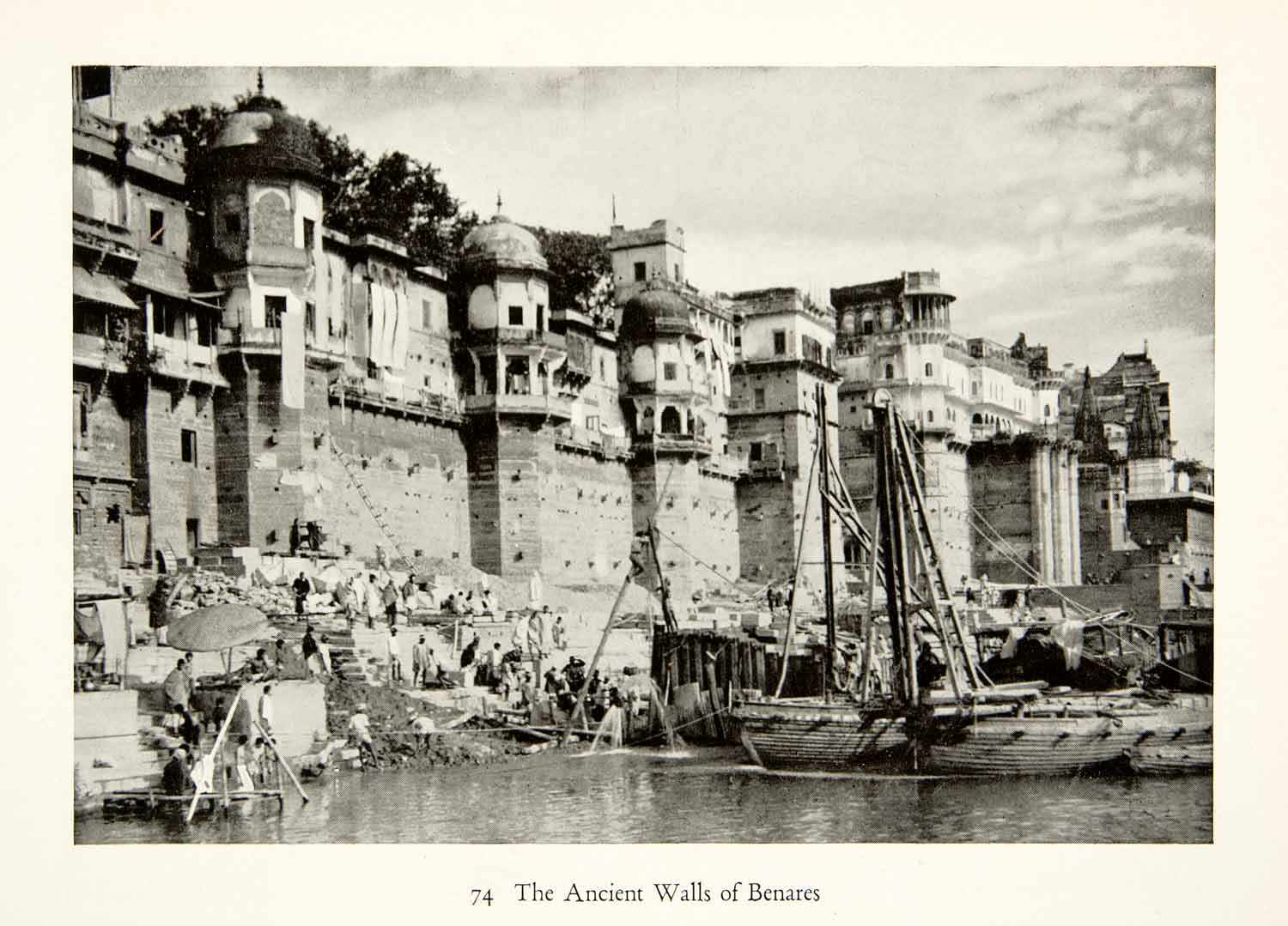 1938 Print Ancient Wall Benares India Water Boats Ghats Fortress Varanasi XGEC7