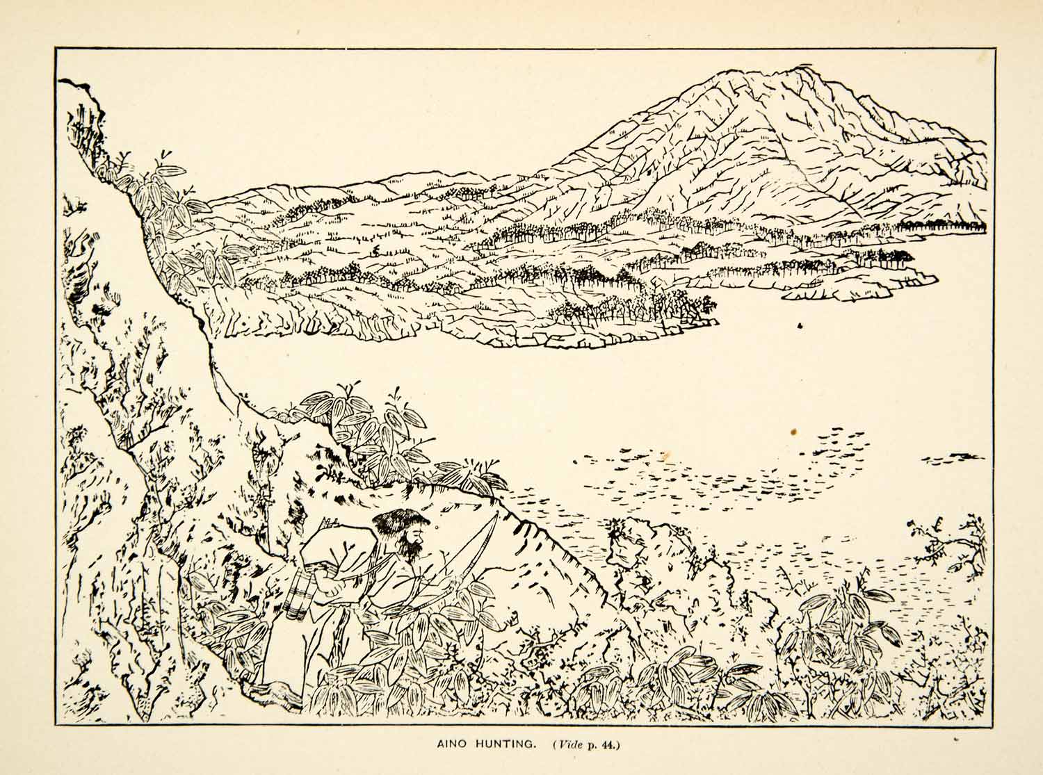 1884 Print Japanese Man Hunting Aino Fish Sea Creatures Mountains XGED2