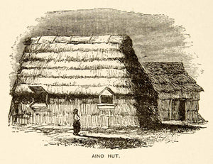 1884 Wood Engraving Aino Japanese Hut Thatch Roof Home House Tribe Rinzo XGED2