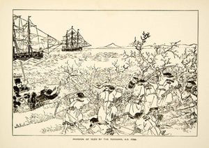 1884 Print Japanese Invasion Yezo Tribe Russia Ship Boats Coast Shore XGED2