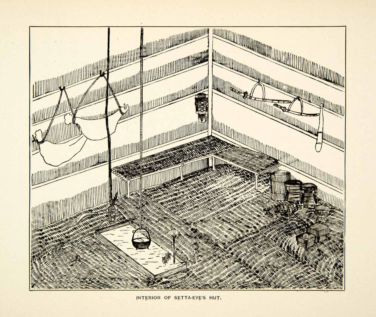 1884 Wood Engraving Interior Setta Eye Hut Yezo Japanese Tribal Home Rinzo XGED2
